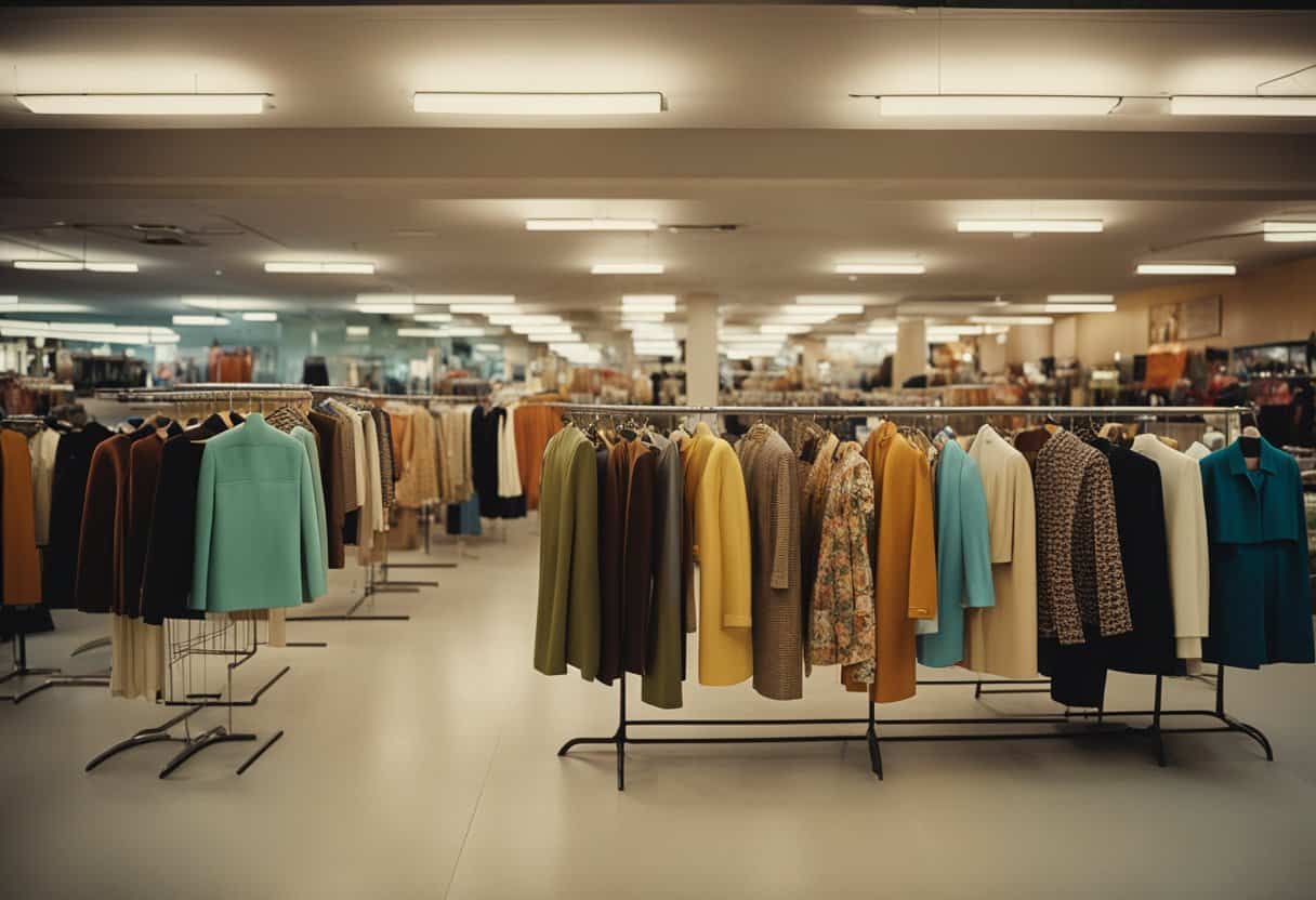 Una colorida variedad de ropa vintage de los años 1960, 1970 y 1980 exhibida en estantes y maniquíes en una boutique moderna