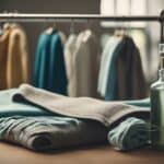 Un perchero de ropa vintage con prendas cuidadosamente colgadas, un kit de costura y una botella de refrescante para telas sobre una mesa limpia y bien iluminada.