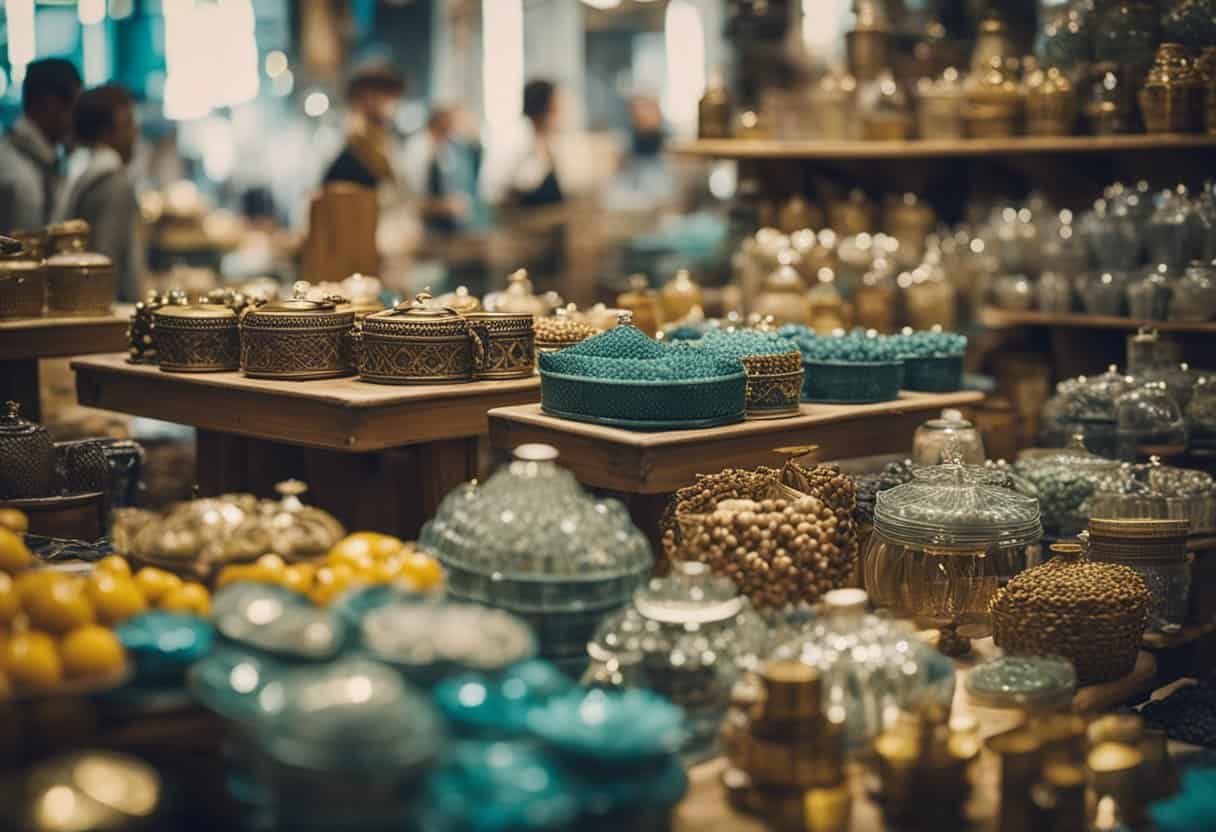 Un bullicioso mercado vintage en Catalunya, lleno de coloridos puestos y tesoros únicos del pasado. Los compradores hojean estantes de ropa, estantes de decoración retro para el hogar y mesas de joyería antigua.