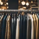 Un rack de ropa vintage de marcas reconocidas exhibido en un entorno de boutique elegante.