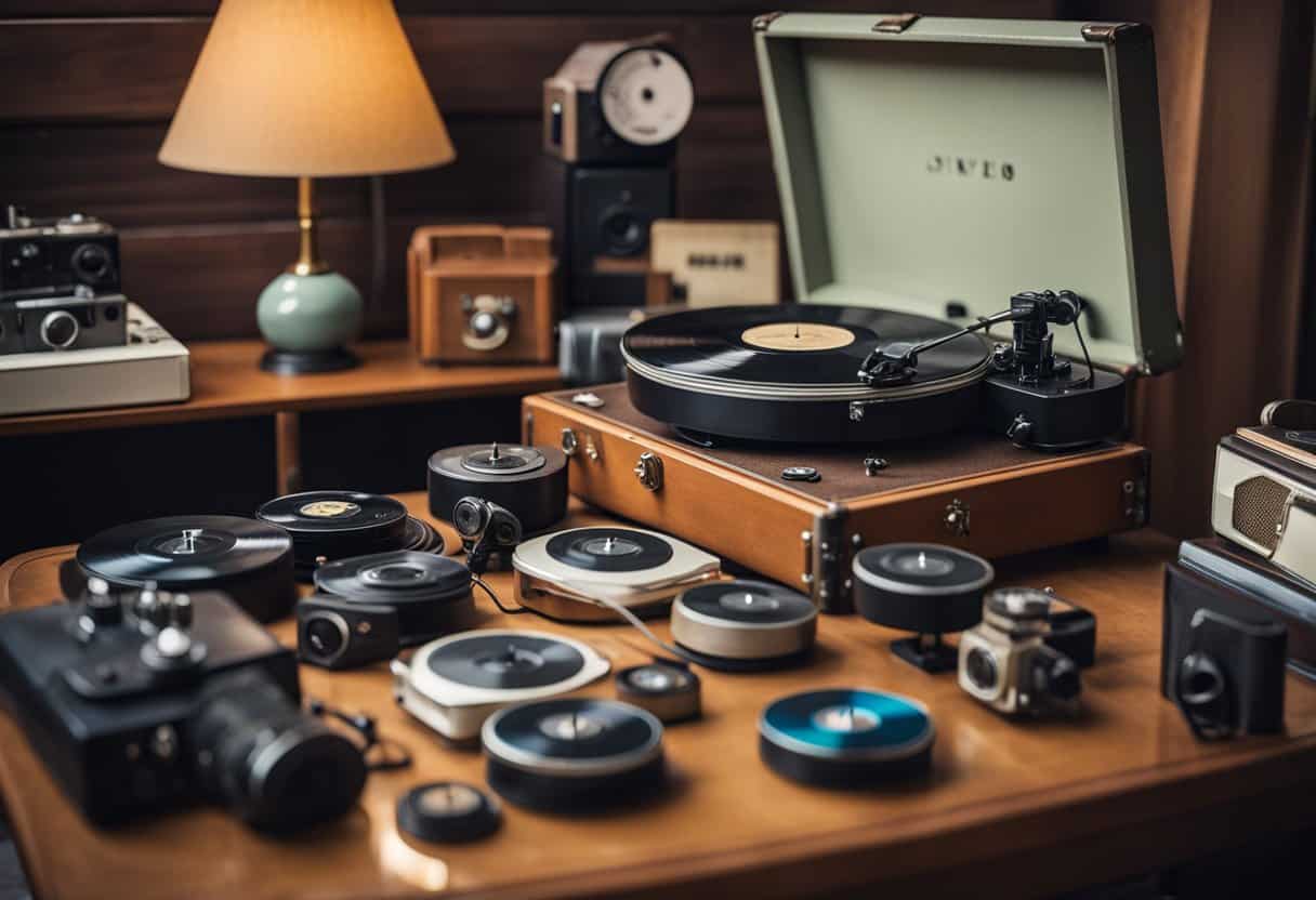 Un tocadiscos vintage rodeado de muebles y decoraciones retro, con discos de vinilo antiguos y cámaras de colección en exhibición.