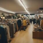 Una bulliciosa tienda de segunda mano con estantes de colorida ropa vintage y accesorios, clientes hojeando los artículos únicos y eclécticos.