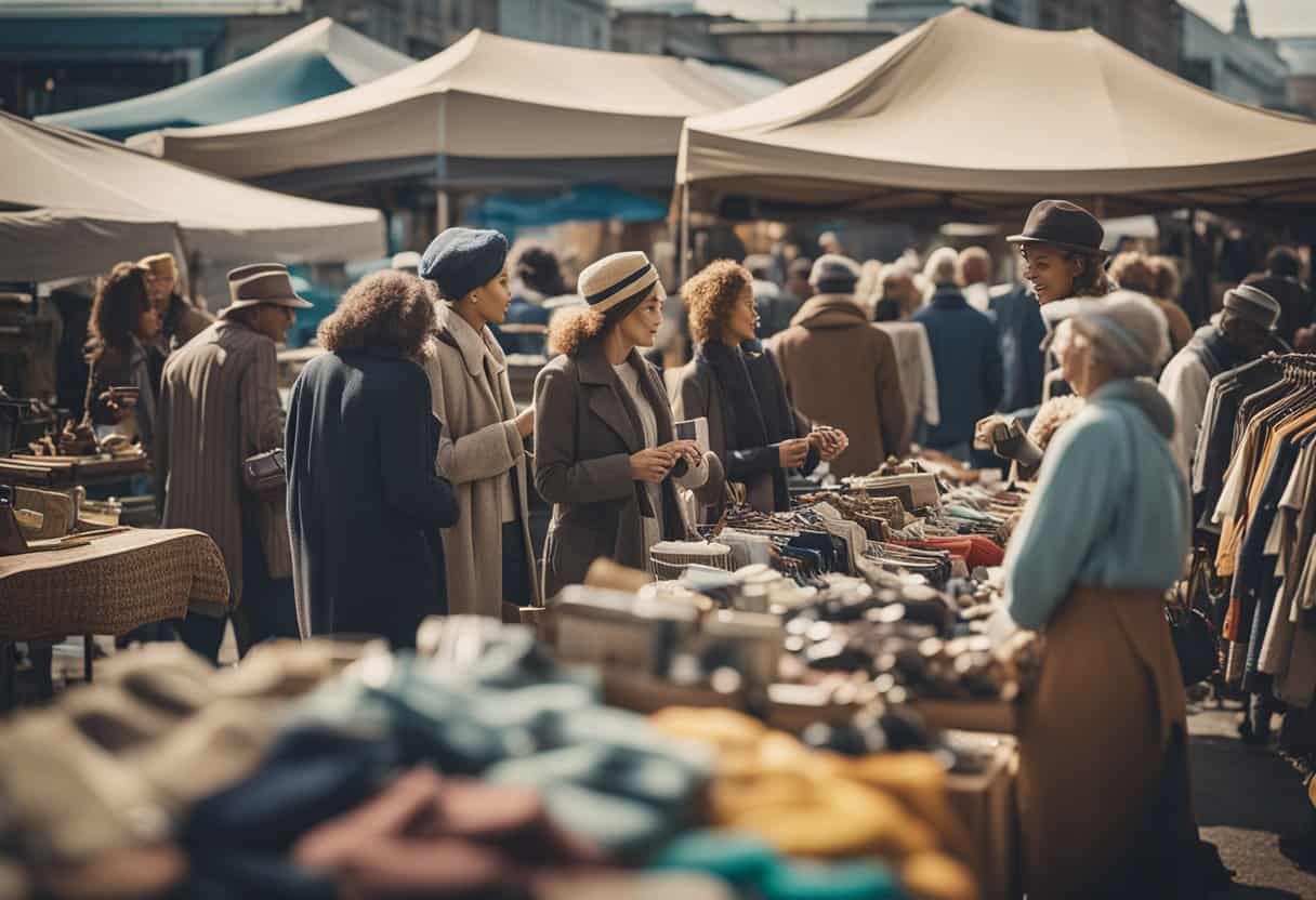 Un bullicioso mercado de pulgas con compradores diversos que hojean estantes de ropa vintage y accesorios. Los vendedores exhiben artículos de moda retro en un entorno colorido y ecológico.
